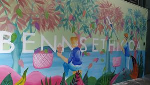 Mural. They work directly with cacao farmers to ensure fair trade.  at Benns Ethicoa in Cheras