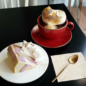 Sweet potato ice cream cake & hot chocolate with ice cream and marshmallow cream at AcheMi in Seoul