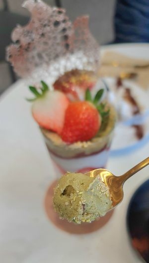 Strawberry icecream parfait - close-up of pistachio icecream at AcheMi in Seoul