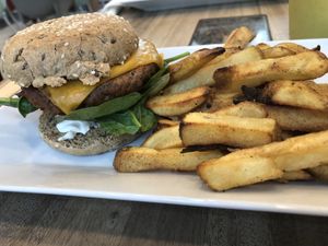 veggie burger with vegan cheese and mayo at The Spot Cafe in Roedovre