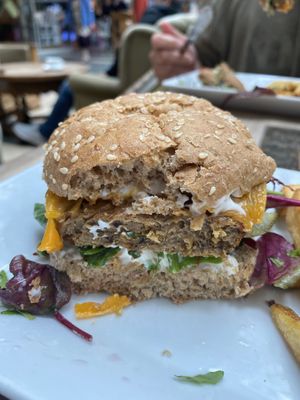 Vegan burger with vegan mayo and vegan cheese  at The Spot Cafe in Roedovre
