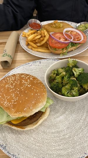 Beyond Burger with Roasted Broccoli and Santa Fe Chick’n with avocado on the side   at Veggie Grill by Next Level - W 23rd in New York City