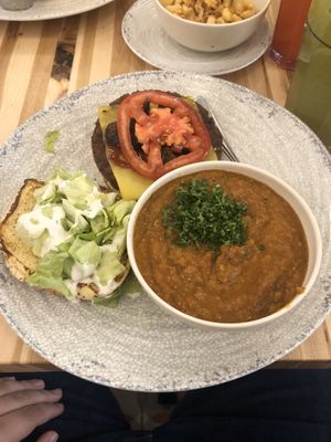 Burger and soup combo - soup was Moroccan lentil  at Veggie Grill by Next Level - W 23rd in New York City