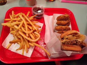 Brainburner burger, tofu nuggets, and fries at Burgerlords - Highland Park in Los Angeles