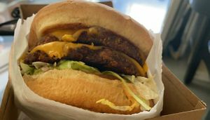 A close-up of the double cheeseburger at Burgerlords - Highland Park in Los Angeles
