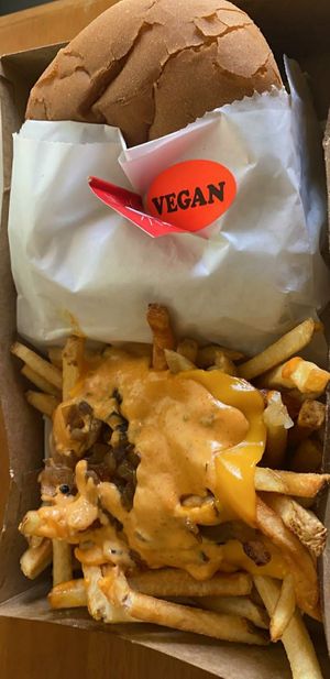 A double cheeseburger on top and the lord of the fries on the bottom at Burgerlords - Highland Park in Los Angeles