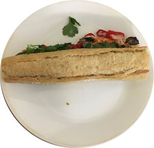 Banh mi sandwich (takeout, plated at home) at Le Pain Quotidien - Bryant Park Kiosk in New York City