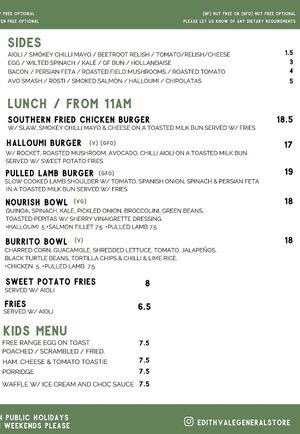 Lunch menu from 11am at Edithvale General Store in Edithvale