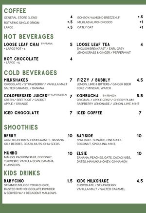 Drinks menu at Edithvale General Store in Edithvale