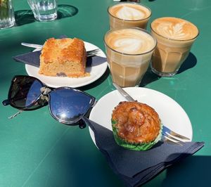 Blondie, banana muffin and cappuccinos with plant milkk  at Hortus Botanicus in Amsterdam
