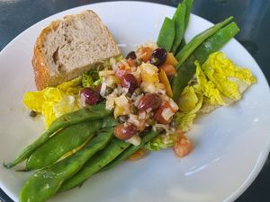 Grilled runner bean salad with artichoke cream and antiboise dressing at Hortus Botanicus in Amsterdam