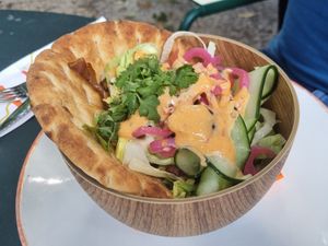 Mushroom shawarma with pita bread at Hortus Botanicus in Amsterdam