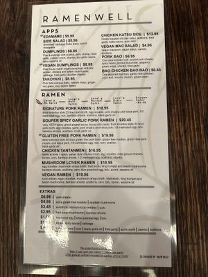 Menu  at Ramenwell in San Francisco