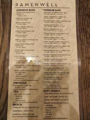 menu 12/225 at Ramenwell in San Francisco