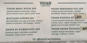 Full list of vegan menu options at Crosta Pizzeria in Makati