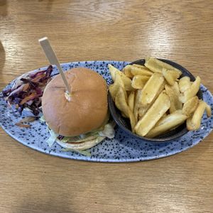Vegan burger with slaw and skin on fries  at Whins Kitchen in Wheelton