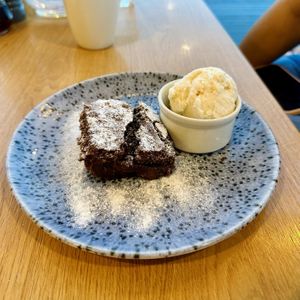 Chocolate brownie and ice cream  at Whins Kitchen in Wheelton