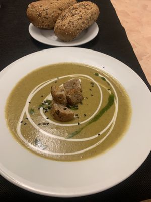 Soup with bread  at L'Encant Vegetaria in Barcelona
