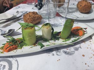 Leeks with romescu sauce at L'Encant Vegetaria in Barcelona