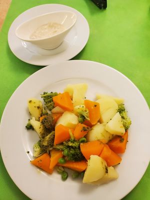 These are basic boiled veggies, but the sauce was delicious. at L'Encant Vegetaria in Barcelona