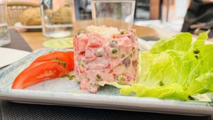Ensaladilla russ with vegan gambas  at L'Encant Vegetaria in Barcelona