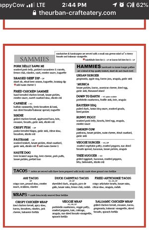 Menu as of June 2020 at The Urban in Canyon Lake
