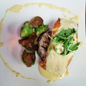 Chilean Salmon ~ Wild rice pilaf, Whole mustard cream sauce, Brussels Sprouts!!!! at The Urban in Canyon Lake
