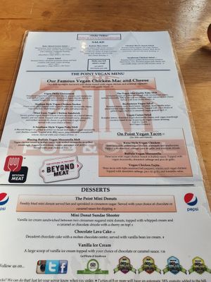 Vegan menu at The Point in Bend