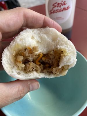 Inside veggie steamed bun  at Knees to Chin in Brussels