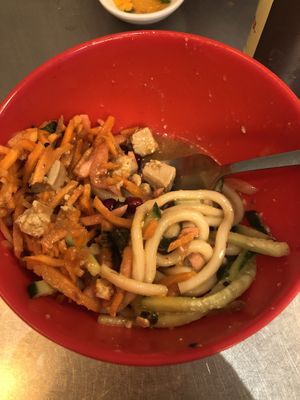 Mah, forgot to take picture. Half eaten udon salad bowl (13,50€) very cold, but very yummy   at Knees to Chin in Brussels