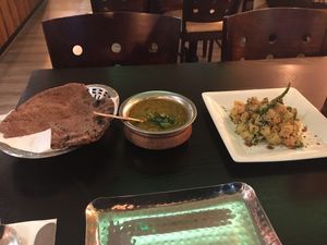 dhal, spicy salad and a gluten free roti at Bhaji Pala in Gatley