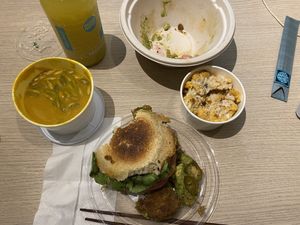 Soup, golden cauliflower and avo burger at Mora Mora - Condesa in Mexico City