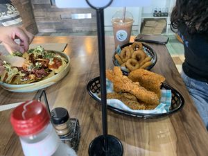 Fillet strips, onion rings and nachos  at Plant Based Eatz in Gold Coast