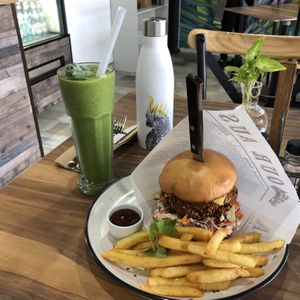 Chi-Kin burger with Green detox smoothie  at Plant Based Eatz in Gold Coast