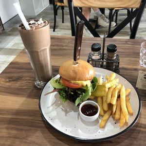 V Mac Burger with Byron Bay Espresso Smoothie at Plant Based Eatz in Gold Coast