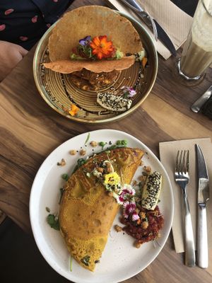 Corn fritters and chickpea omelette  at Plant Based Eatz in Gold Coast
