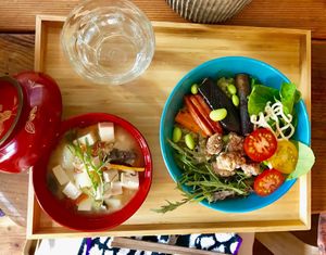 Colorful vegan bowl and miso soup  at Ananda in Shizuoka