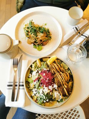 Mushroom toast and Santorini salad at Archway Verdun in Montreal
