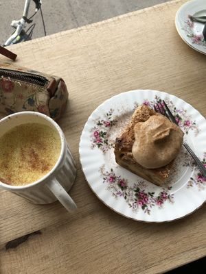 Golden milk latte + pain perdu aux pommes at Epicerie Muscade in Montreal