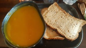 Vegetable soup with gluten free bread, regular bread isn't vegan at Wholesome Kitchen in Mullingar