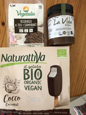 Vegan products : tofu and mushrooms steaks, chocolate and nuts spread, coconut and chocolate ice cream  at Unide Supermercado in El Hierro