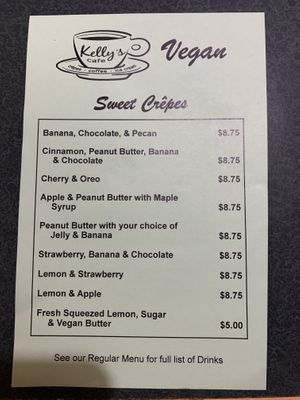 Vegan menu options  at Kelly's Cafe in Brunswick