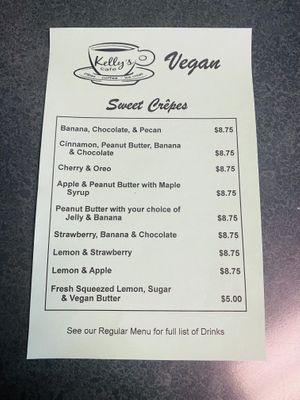 Menu at Kelly's Cafe in Brunswick