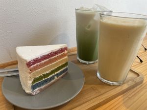 Rainbow cake, iced matcha latte and mango smoothie  at Shochiku-en in Tokyo