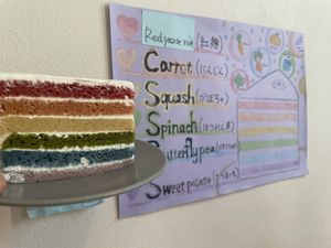 Rainbow cake and its layers  at Shochiku-en in Tokyo
