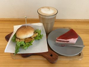 Tofu skin burger, oat latte, mousse cake   at Shochiku-en in Tokyo