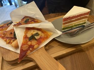 Pizza and rainbow cake - both yum but small   at Shochiku-en in Tokyo