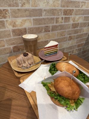Mont Blanc, organic chai latte, rainbow cake, and the burgers  at Shochiku-en in Tokyo