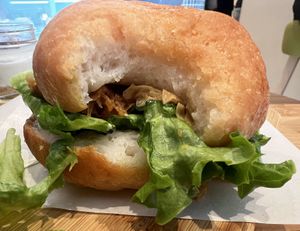 Tamago Burger. Has tofu skin and avocado mash on super soft bread  at Shochiku-en in Tokyo