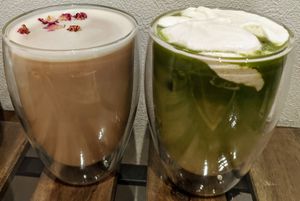 Hot rose tea with oat milk & cold matcha tea with vegan salty cheese. at Shochiku-en in Tokyo